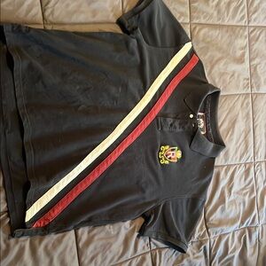 Black Polo Shirt with Red and White Stripes